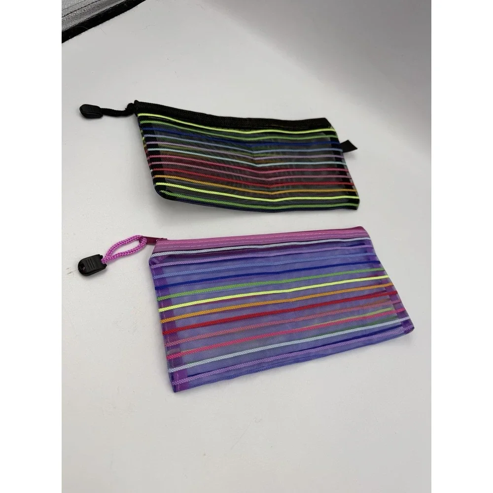 Lot Of 2 Mesh Multi-Color  Striped Pencil Case, Makeup Bags NEW No Tags 9